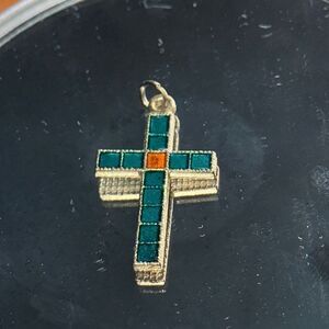 Vintage Green Enamel painted Gold Tone Cross Pendant